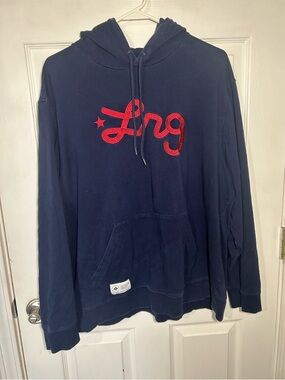 LRG Navy Zip-Up Hoodie with Red Script Logo - Men's Sweater